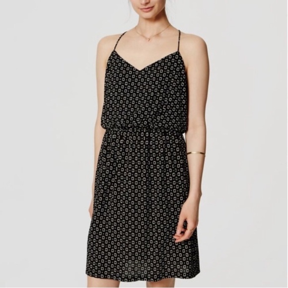 LOFT Black Print Racerback Spaghetti Strap Dress - Picture 1 of 8